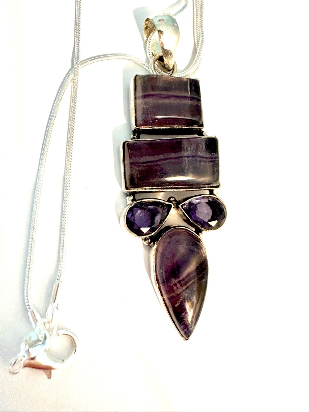 Beautiful, 2 1/2 inch, 925 marked Fluorite, and Amethyst pendant on silver chain